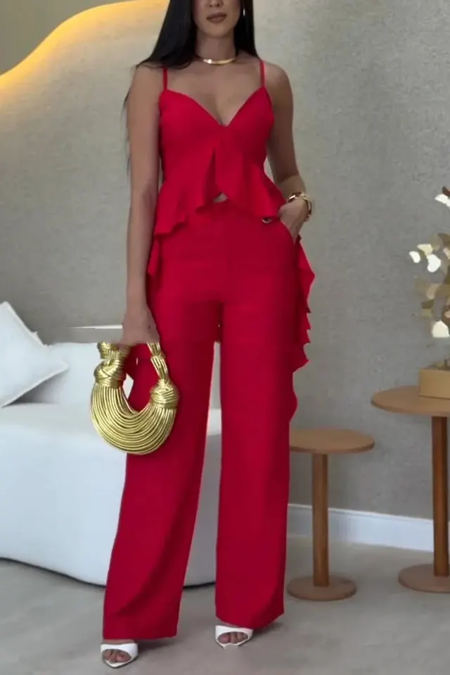 Solid Color Fashion V neck Strap Straight leg Pants Two piece Set Red - Shop at LoveMi