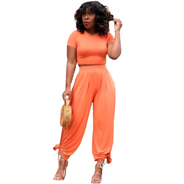 Solid Color Midriff Outfit Bell bottom Pants Casual Suit Women's Orange - Shop at LoveMi