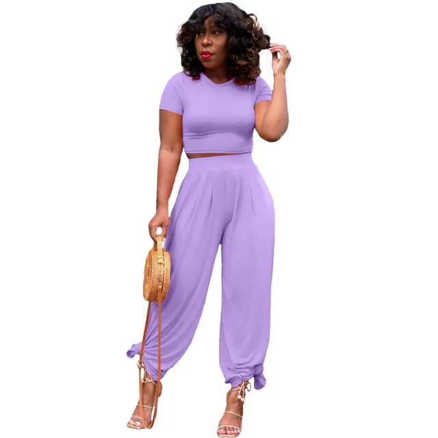 Solid Color Midriff Outfit Bell bottom Pants Casual Suit Women's Purple - Shop at LoveMi