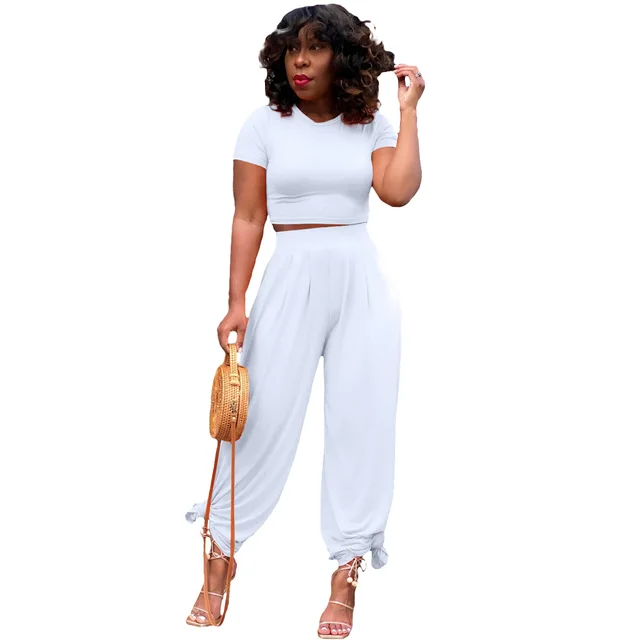Solid Color Midriff Outfit Bell bottom Pants Casual Suit Women's White - Shop at LoveMi