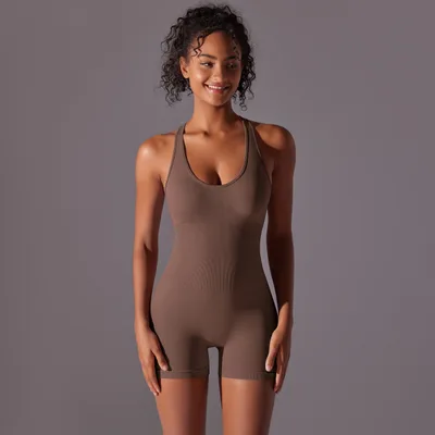 Women's Fashion Yoga Clothes Short Jumpsuit Brown - Shop at LoveMi
