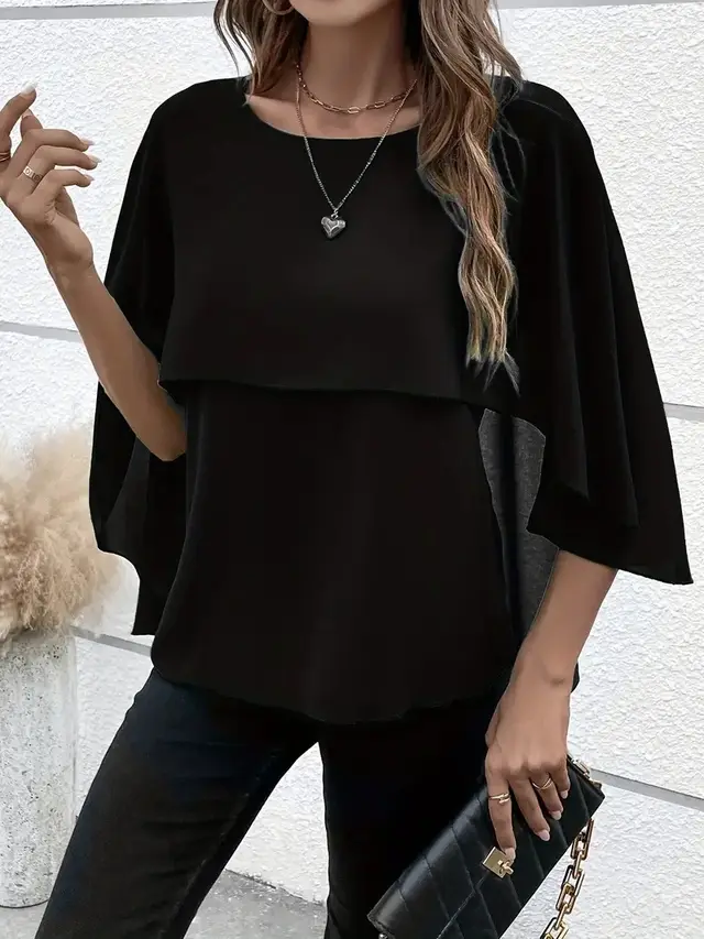 Women's All match Round Neck Solid Color Layered Cape Sleeve Chiffon Shirt Black - Shop at LoveMi