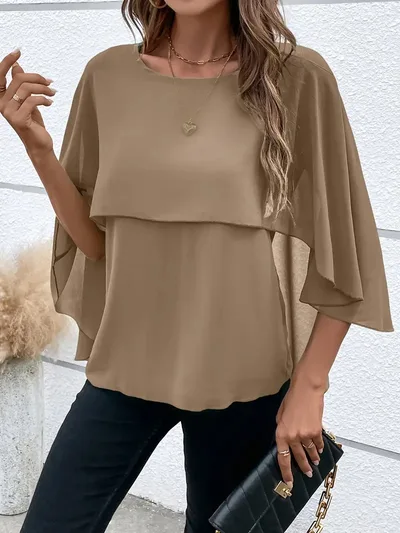 Women's All match Round Neck Solid Color Layered Cape Sleeve Chiffon Shirt Camel - Shop at LoveMi
