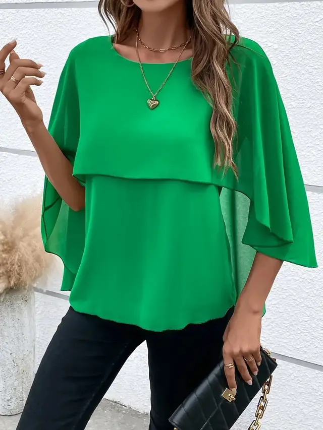 Women's All match Round Neck Solid Color Layered Cape Sleeve Chiffon Shirt Green - Shop at LoveMi
