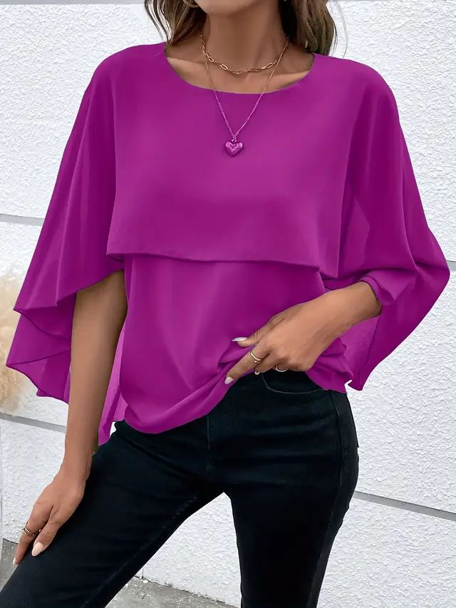 Women's All match Round Neck Solid Color Layered Cape Sleeve Chiffon Shirt Purple - Shop at LoveMi