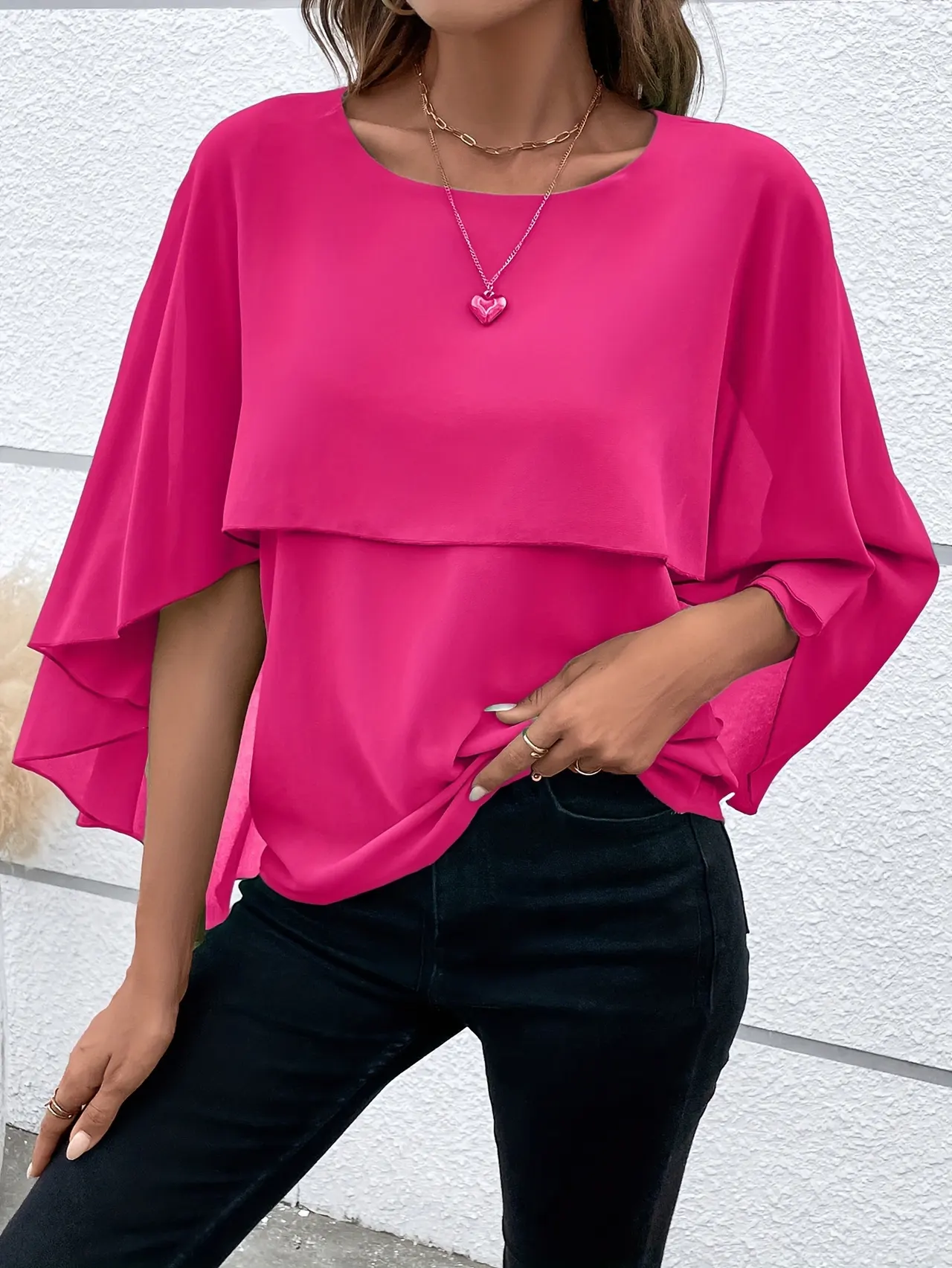 Women's All-match Round Neck Solid Color Layered Cape Sleeve Chiffon Shirt - Rose Red