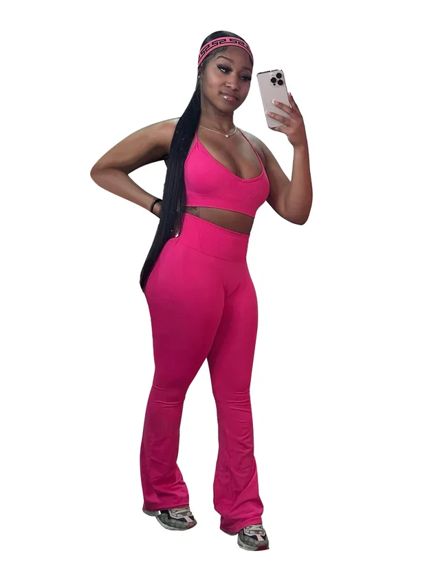Solid Color Short Top High Waist Bootcut Sports And Leisure Suit Women Pink - Shop at LoveMi