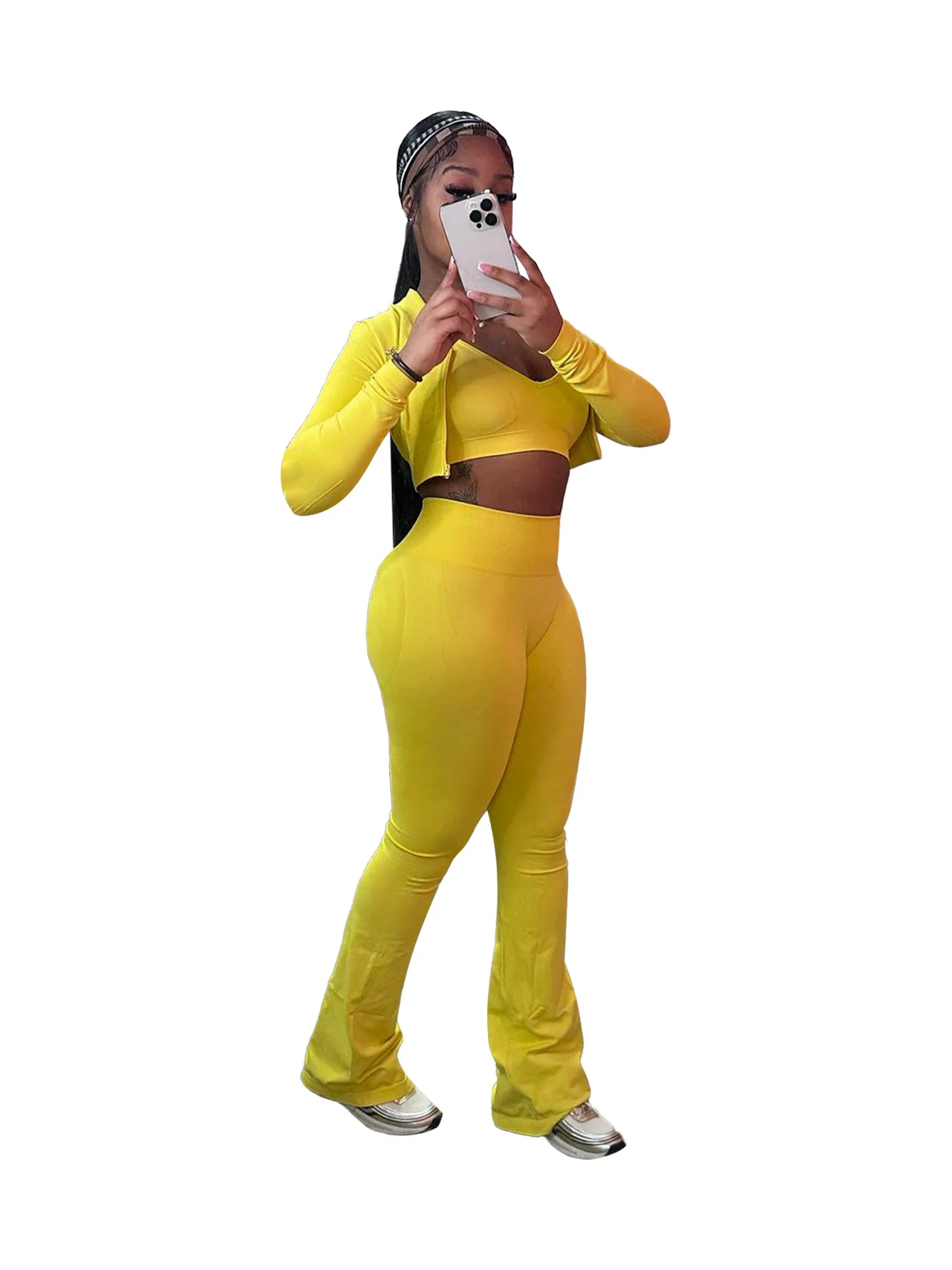 Solid Color Short Top High Waist Bootcut Sports And Leisure Suit Women - Yellow