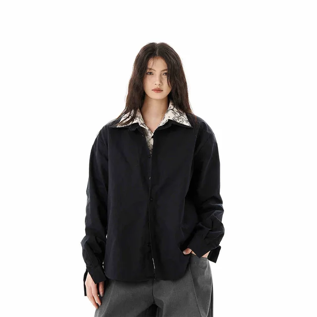Lapel Floral False Two piece Patchwork Loose White Long Sleeve Shirt Coat Black - Shop at LoveMi