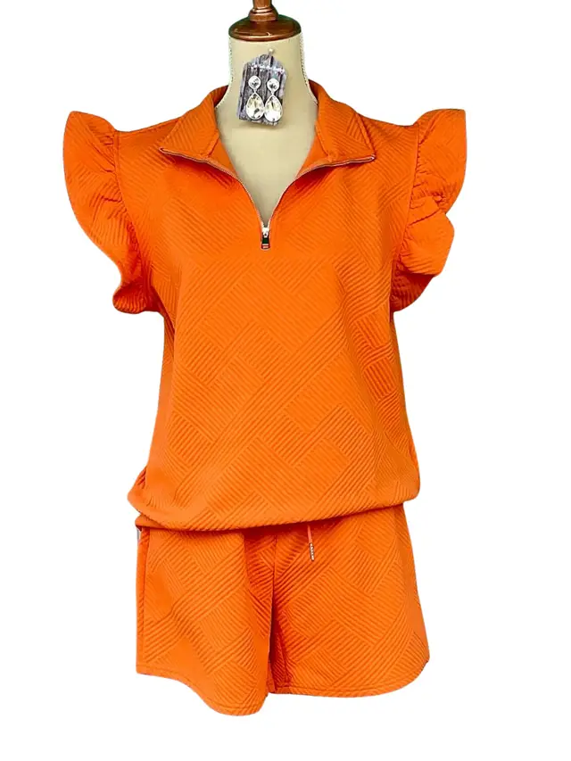 Women's Flounced Sleeve Half Zip Short Sleeve Top Pocket Shorts Orange Red - Shop at LoveMi