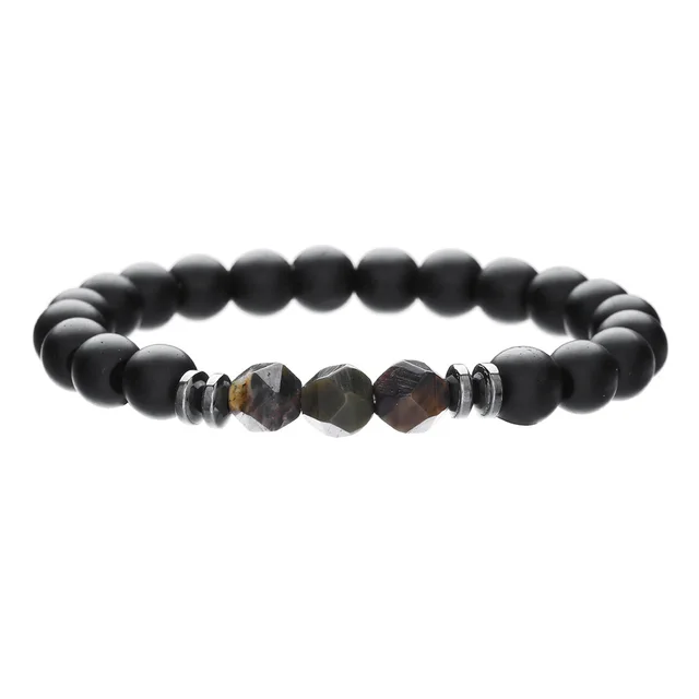 Simple Men's Cut Surface Black Agate Tigereye Blue Grain Stone Stretch Bracelet Zj13474 - Shop at LoveMi