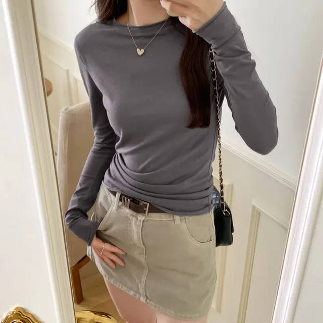 Pure Color All matching Long Sleeve New Slim fit Slimming Bottoming Shirt Greyish Purple - Shop at LoveMi