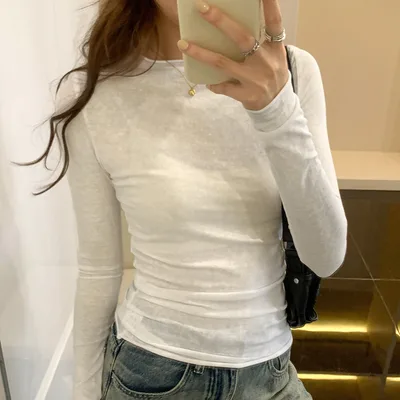 Pure Color All matching Long Sleeve New Slim fit Slimming Bottoming Shirt White - Shop at LoveMi