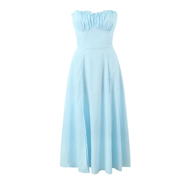 Solid Color Sleeveless Sleeveless Split Tube Top Dress Sling Top Suit Blue Dress - Shop at LoveMi