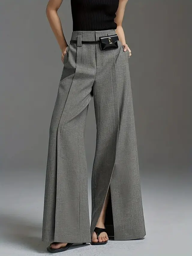 Casual Trousers Split Flared Pants Excluding Belt Waist Bag Grey - Shop at LoveMi