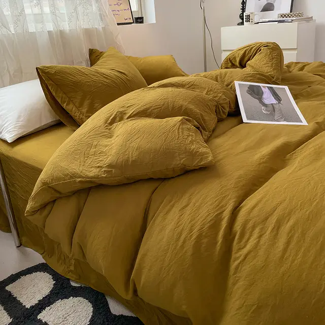 Four piece Bed Set Solid Color Sanding Washed Cotton Duvet Cover Agate Yellow - Shop at LoveMi