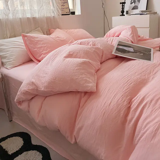 Four piece Bed Set Solid Color Sanding Washed Cotton Duvet Cover Elegant Pink - Shop at LoveMi