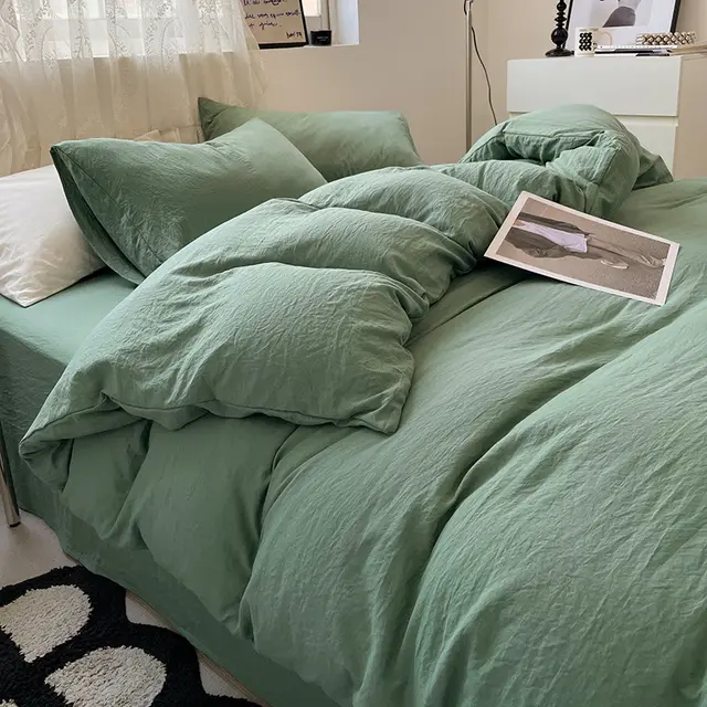 Four piece Bed Set Solid Color Sanding Washed Cotton Duvet Cover Fresh Green - Shop at LoveMi