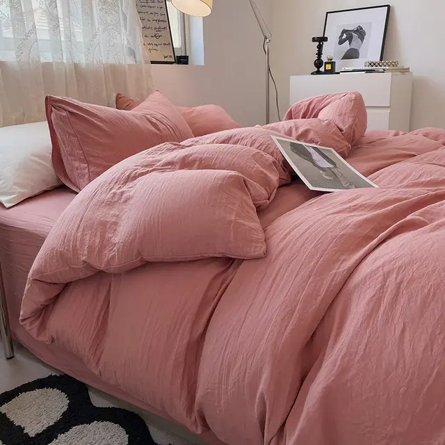 Four piece Bed Set Solid Color Sanding Washed Cotton Duvet Cover Monroe Pink - Shop at LoveMi