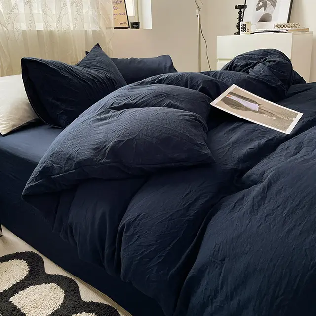 Four piece Bed Set Solid Color Sanding Washed Cotton Duvet Cover Phantom Blue - Shop at LoveMi