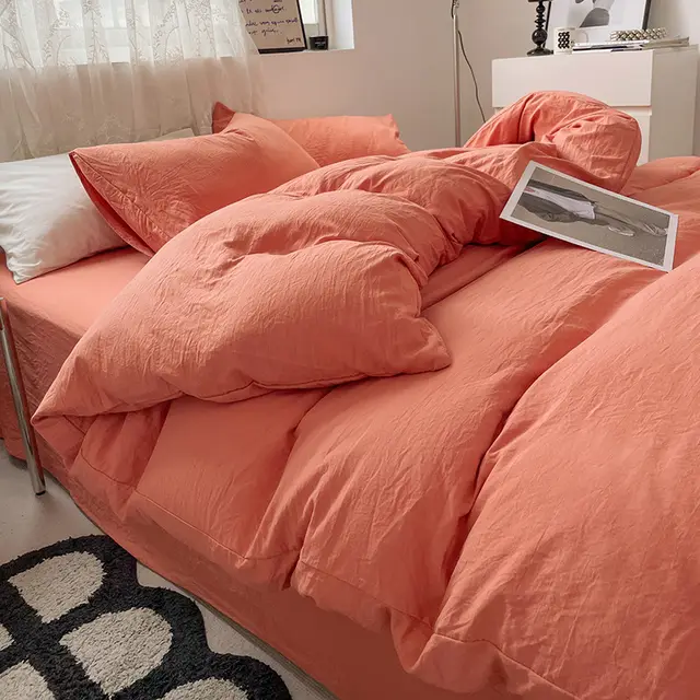 Four piece Bed Set Solid Color Sanding Washed Cotton Duvet Cover Romantic Orange - Shop at LoveMi