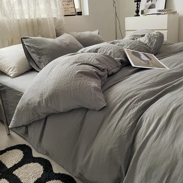 Four piece Bed Set Solid Color Sanding Washed Cotton Duvet Cover Streamer Gray - Shop at LoveMi