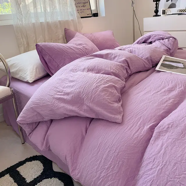 Four piece Bed Set Solid Color Sanding Washed Cotton Duvet Cover Taro Purple - Shop at LoveMi