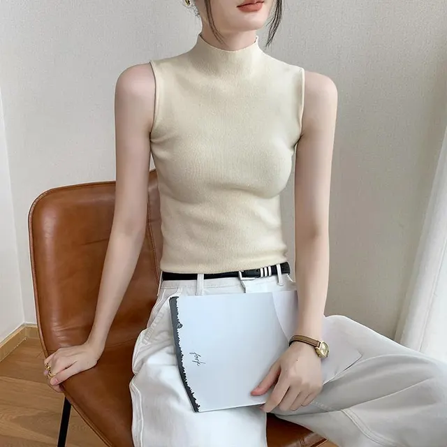 Turtleneck Knitting Vest Women's Sleeveless Bottoming Shirt Apricot Half Turtleneck - Shop at LoveMi