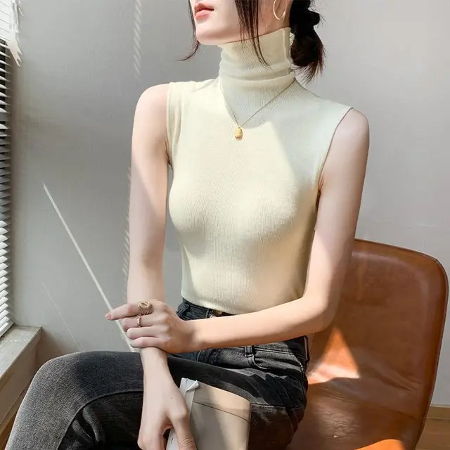 Turtleneck Knitting Vest Women's Sleeveless Bottoming Shirt Apricot - Shop at LoveMi