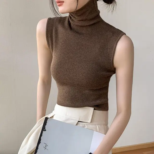 Turtleneck Knitting Vest Women's Sleeveless Bottoming Shirt Brown - Shop at LoveMi
