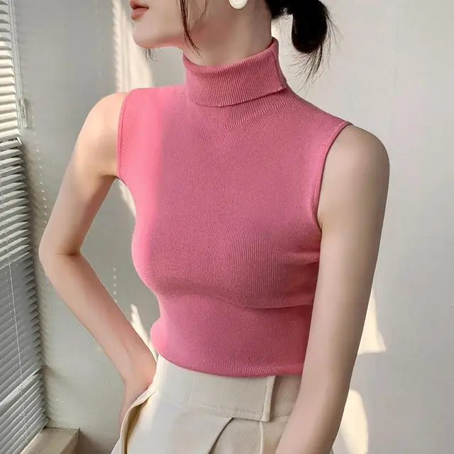 Turtleneck Knitting Vest Women's Sleeveless Bottoming Shirt Cherry Blossom Red - Shop at LoveMi