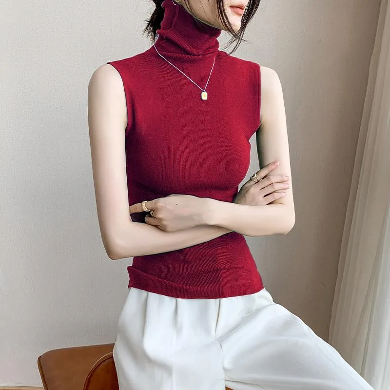 Turtleneck Knitting Vest Women's Sleeveless Bottoming Shirt - Cherry Red
