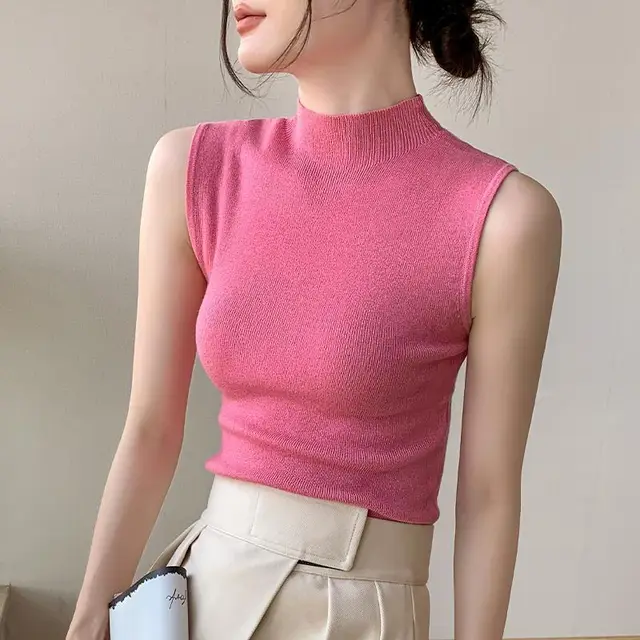 Turtleneck Knitting Vest Women's Sleeveless Bottoming Shirt Red Half Turtleneck - Shop at LoveMi