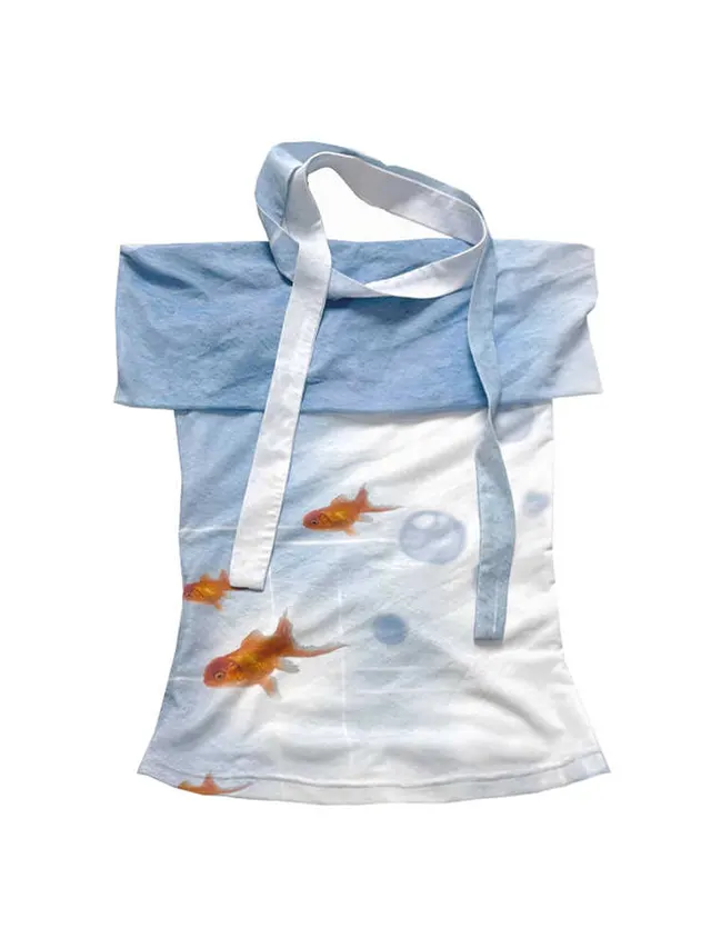 Elastic Slim fit Off shoulder Scarf Ribbon Mesh Short Sleeve T shirt Blue - Shop at LoveMi