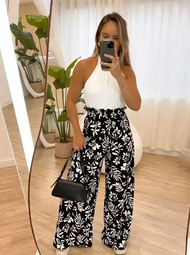 Printed Elastic Waist Loose Trousers Black - Shop at LoveMi