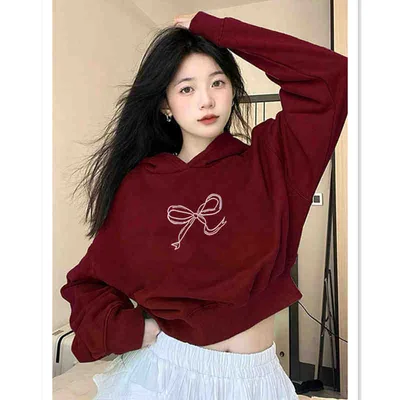 American Short Hood Wine Red Bow Sweater For Women Big Bow Thin - Shop at LoveMi
