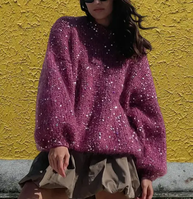 European And American Loose Round Neck Fashion Sequined Mohair Sweater Lantern Sleeve Purple - Shop at LoveMi