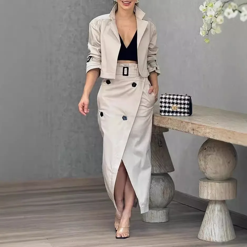 Women's Suit Lapel Patchwork Coat Skirt Two-piece Set Including Belt - Apricot