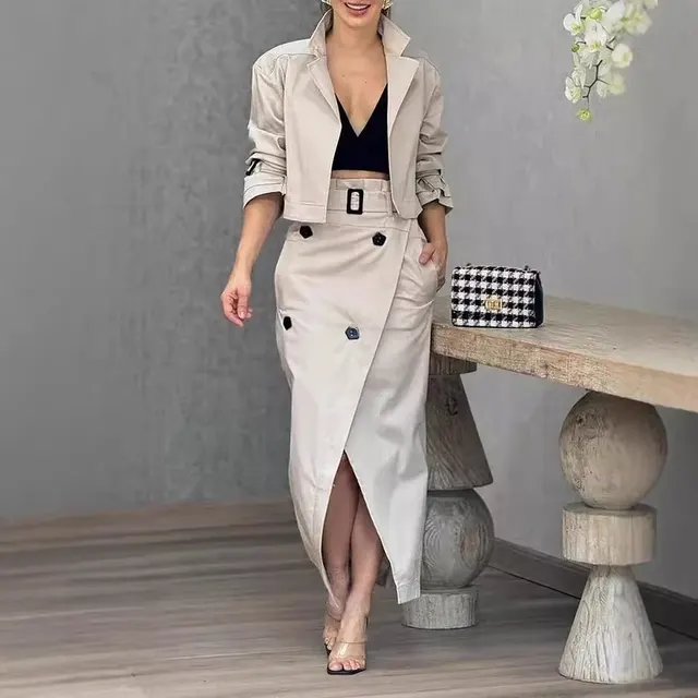 Women's Suit Lapel Patchwork Coat Skirt Two piece Set Including Belt Apricot - Shop at LoveMi