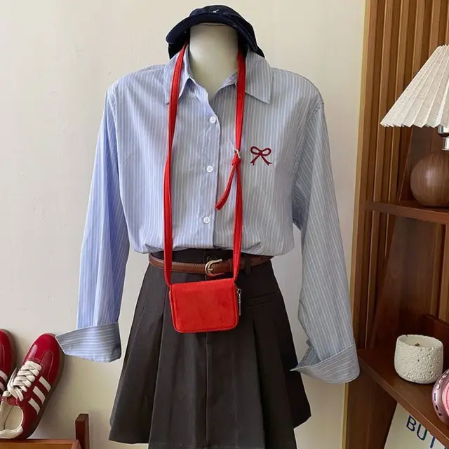 Women's Korean style Embroidered Long sleeved Shirt With Bow Bow Blue Shirt - Shop at LoveMi
