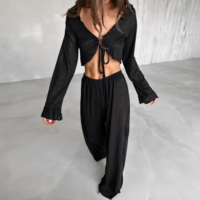 V neck Knitted Tied Lotus Leaf Midriff baring Top Trousers Suit Black - Shop at LoveMi