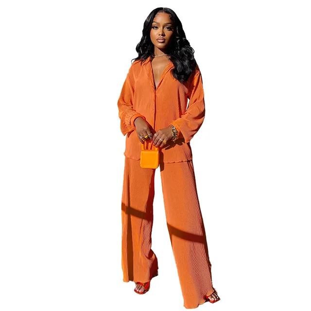 Women's Fashionable And Comfortable Pleated Wide leg Pants Suit Orange - Shop at LoveMi