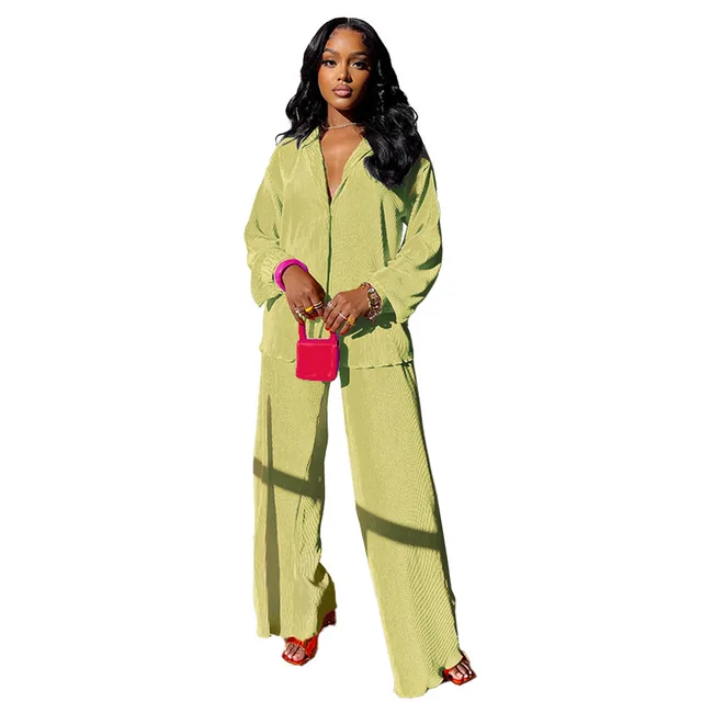 Women's Fashionable And Comfortable Pleated Wide leg Pants Suit Yellow Green - Shop at LoveMi