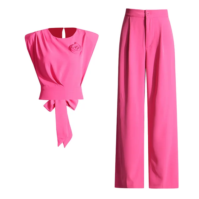 Casual Two piece Suit Sleeveless Bow Short Top High Waist Straight Pants Suit Rose Red - Shop at LoveMi