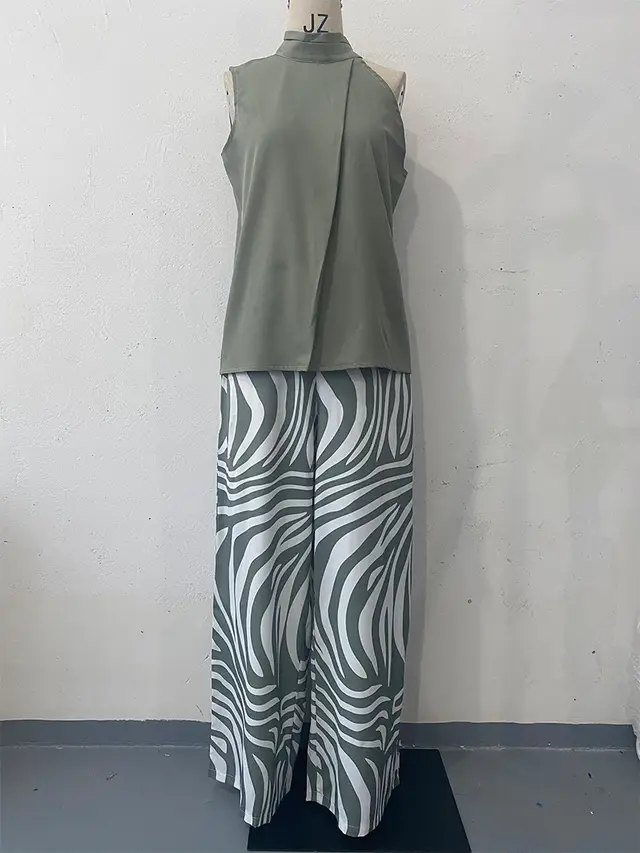 Top Zebra Print Wide Leg Pants Fashion Two piece Suit Women's Clothing Olive Green - Shop at LoveMi