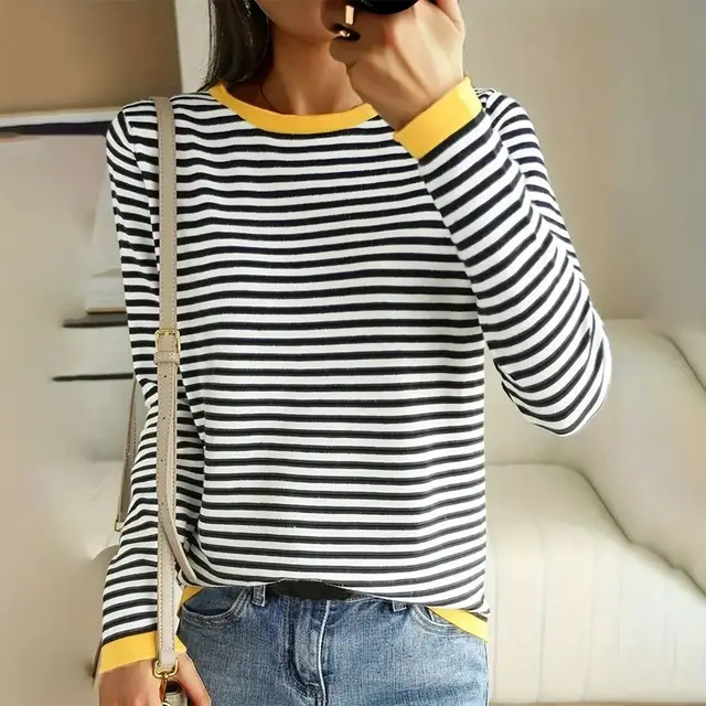 Women's Round Neck T shirt With Long Sleeves Hoodie Stripes White Line Yh84 - Shop at LoveMi