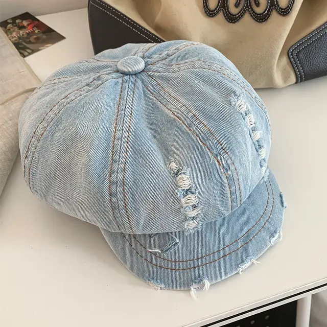 Retro Make Old Ripped Denim Beret Women Light Blue - Shop at LoveMi
