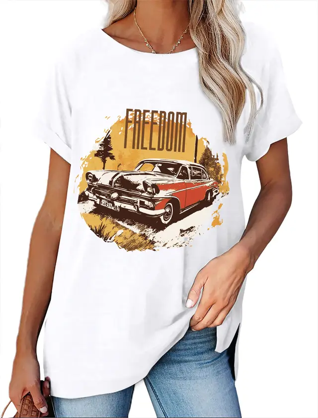 Women's Minimalist Printed Casual Round Neck Short Sleeved Shirt 7 Style - Shop at LoveMi