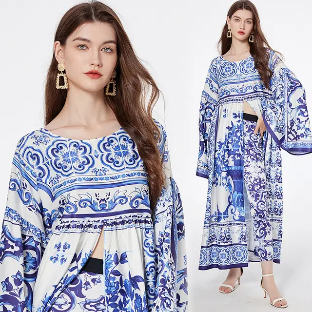 Blue And White Porcelain Printed Loose Long Sleeves Blouse Trousers Two piece Suit Blue - Shop at LoveMi