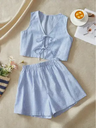 Elegant Striped Knit Tank Top And High-Waist Loose Shorts Set For Women - Blue